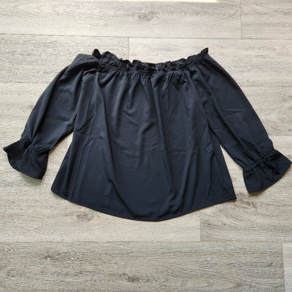 Lulu's All In Good Fun Black Off The Shoulder Top Womens Large Ruffle Sleeve